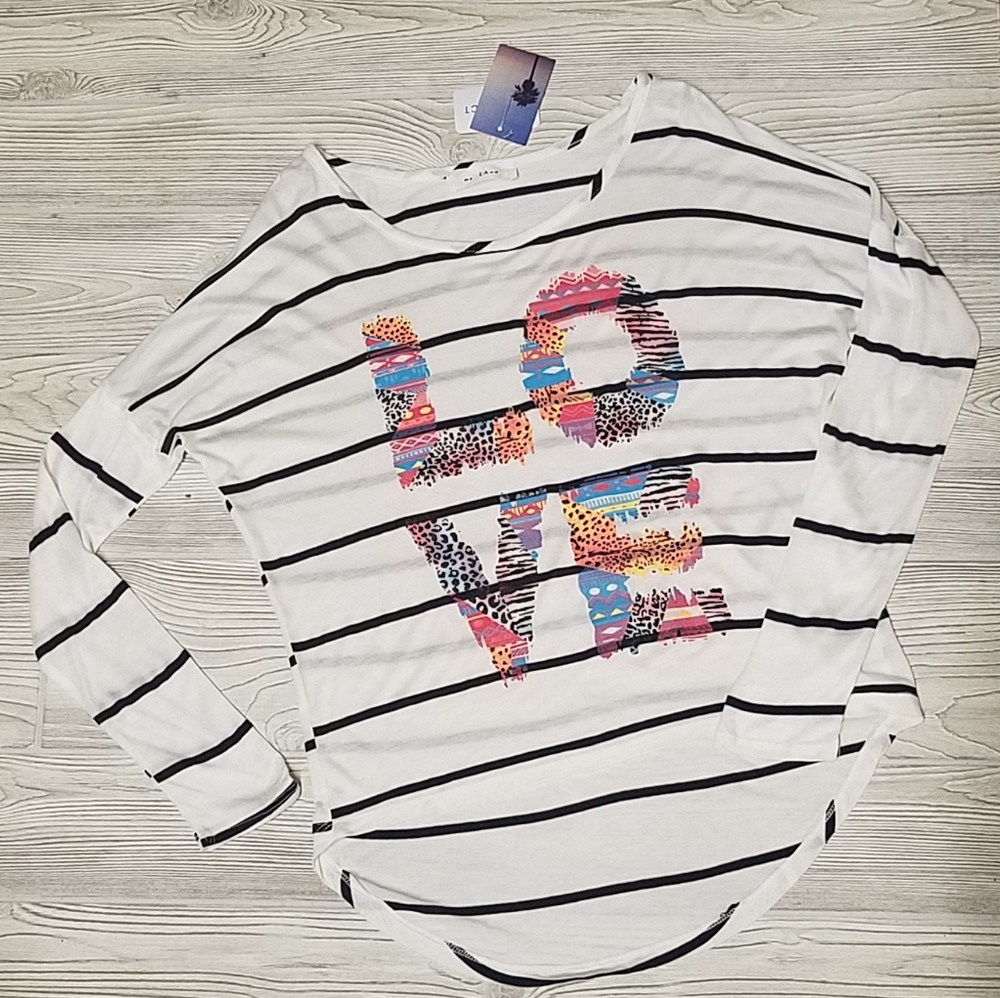 NWT Striped "Love" Hi- Low Long Sleeved Top